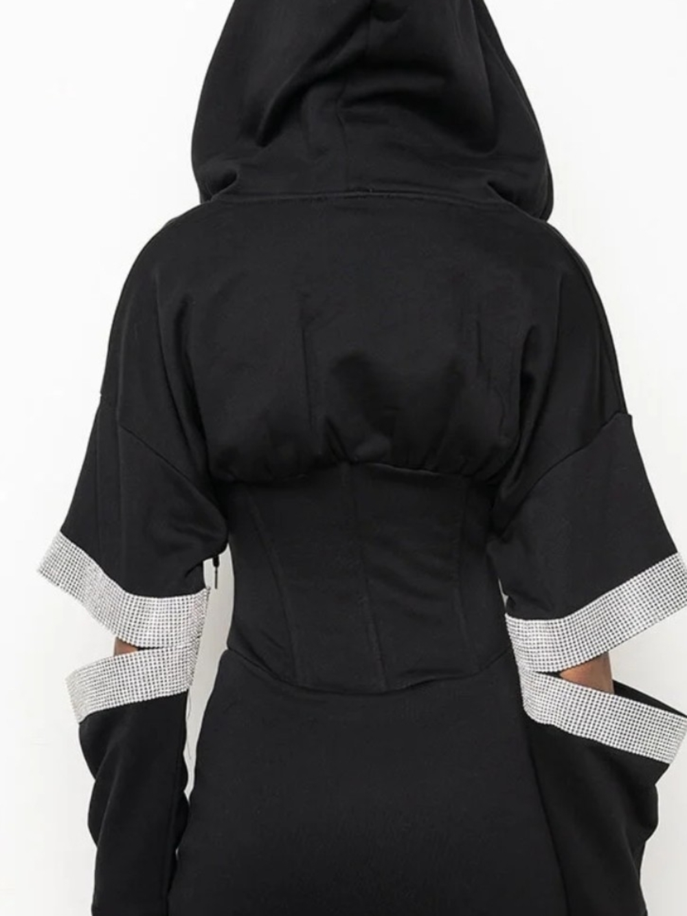 AKIRA Black Hooded Pullover with Corset Front and Rhinestone Trim - Picture 2 of 16